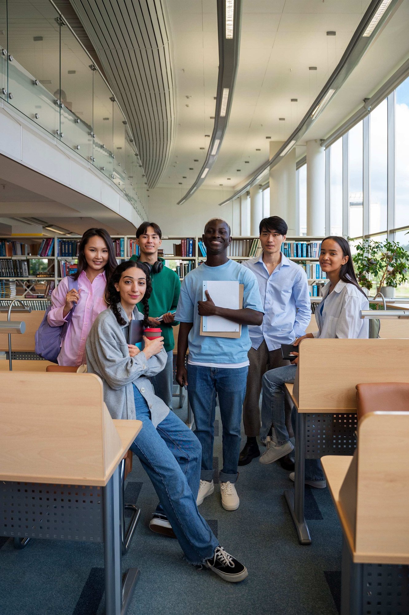 Students smiling and working together at a library table