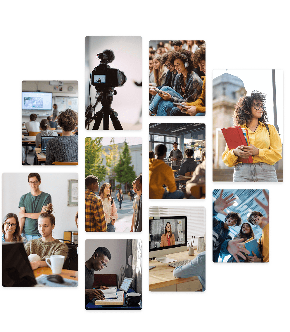 Students in classrooms, on campus, and studying online