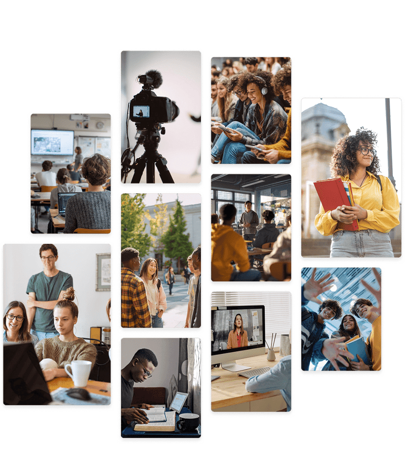 Students in classrooms, on campus, and studying online